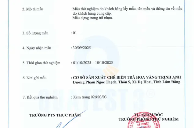 Hình ảnh báo cáo phân tích kết quả kiểm nghiệm mẫu trà hoa vàng 10/2025