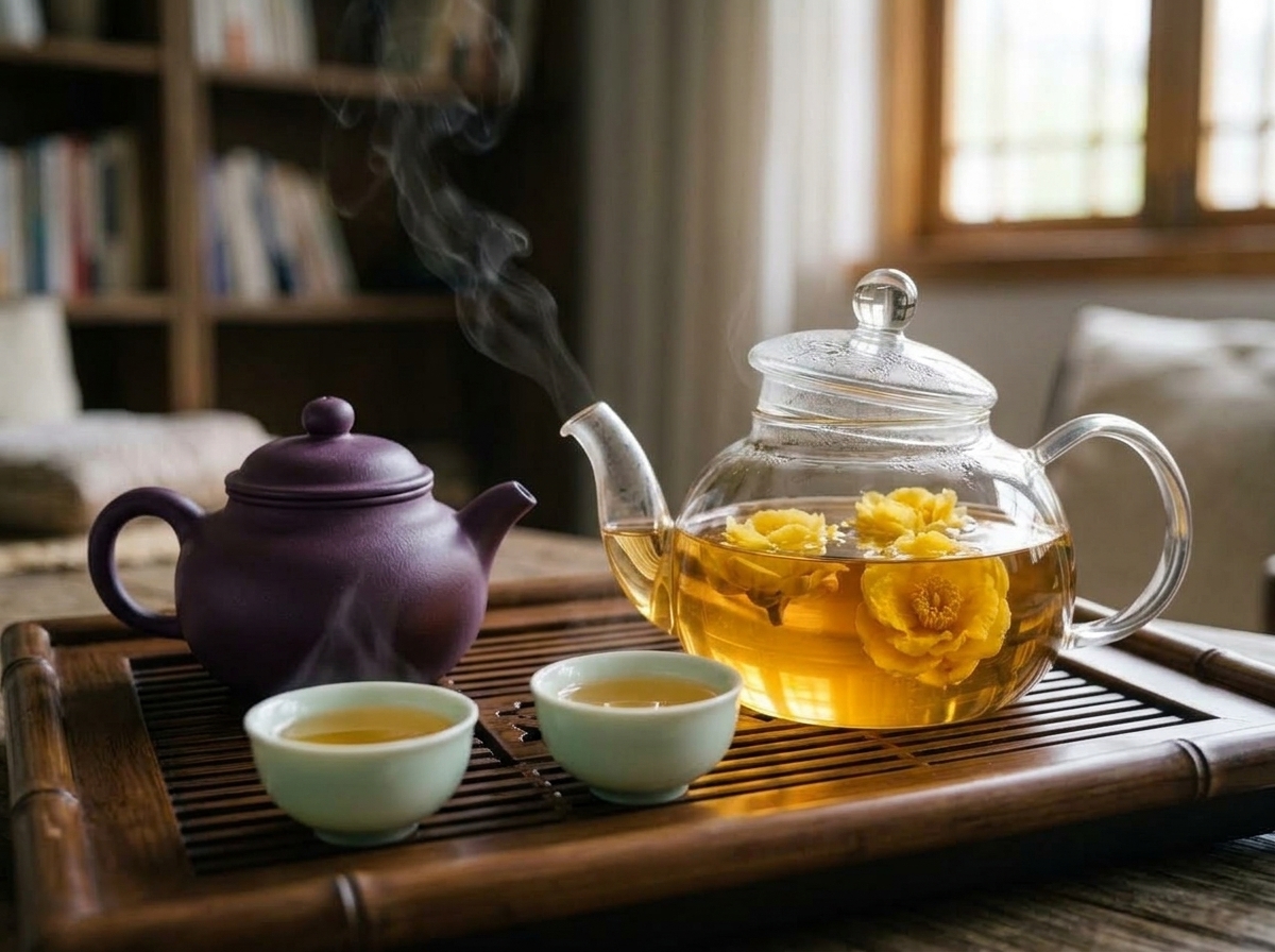 Tác dụng của trà hoa vàng tự nhiên tại Cao Bằng - Nghệ thuật chọn ấm chén pha trà hoa vàng: Thủy tinh hay gốm sứ Tử Sa?