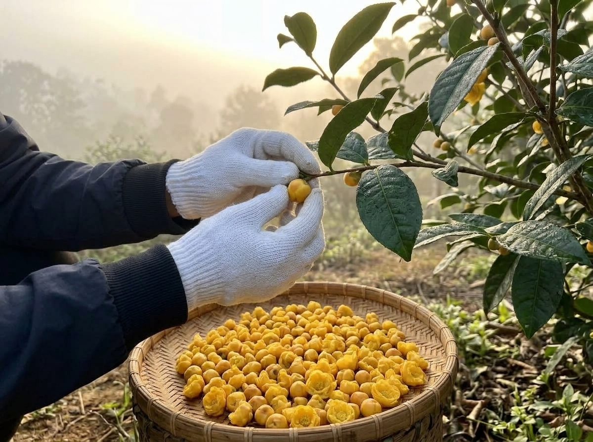 Tác dụng của hoa trà vàng sấy thăng hoa bồi bổ cơ thể suy nhược - Quy trình thu hái thủ công nụ trà hoa vàng vào rạng sáng sương sớm giữ trọn tinh chất