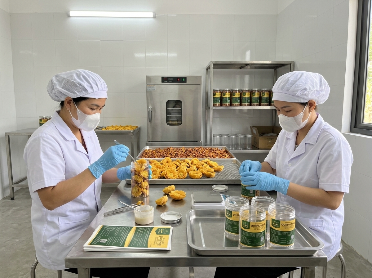 Công dụng của trà hoa vàng Đạ Huoai tại Gia Lai - Quy trình sơ chế làm sạch và đóng hộp thủ công cẩn trọng tại xưởng