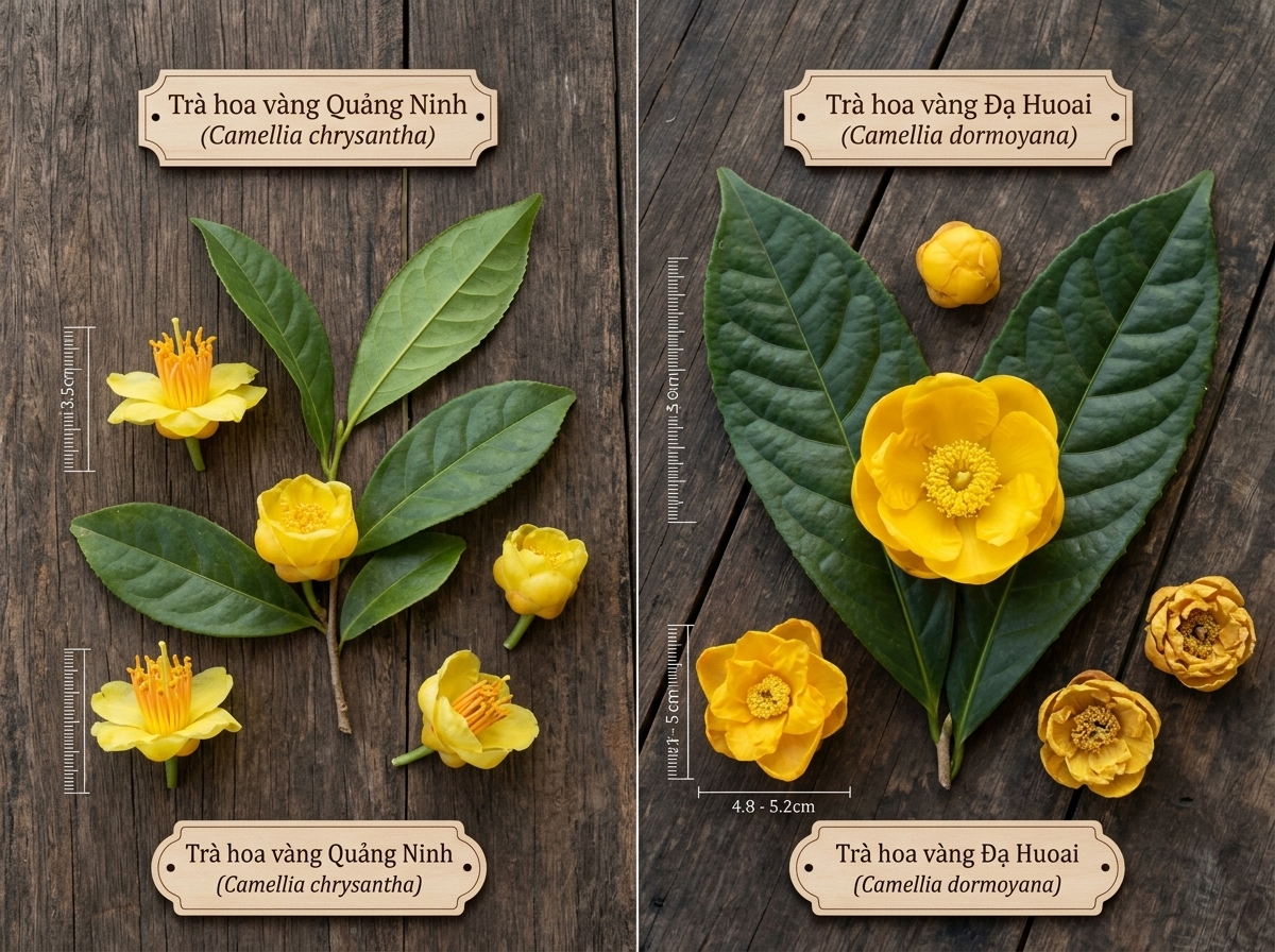Tác dụng của trà hoa vàng loại 1 tại Đắk Nông - So sánh Trà hoa vàng Ba Chẽ Quảng Ninh (Camellia chrysantha) và Đạ Huoai Lâm Đồng (Camellia dormoyana)