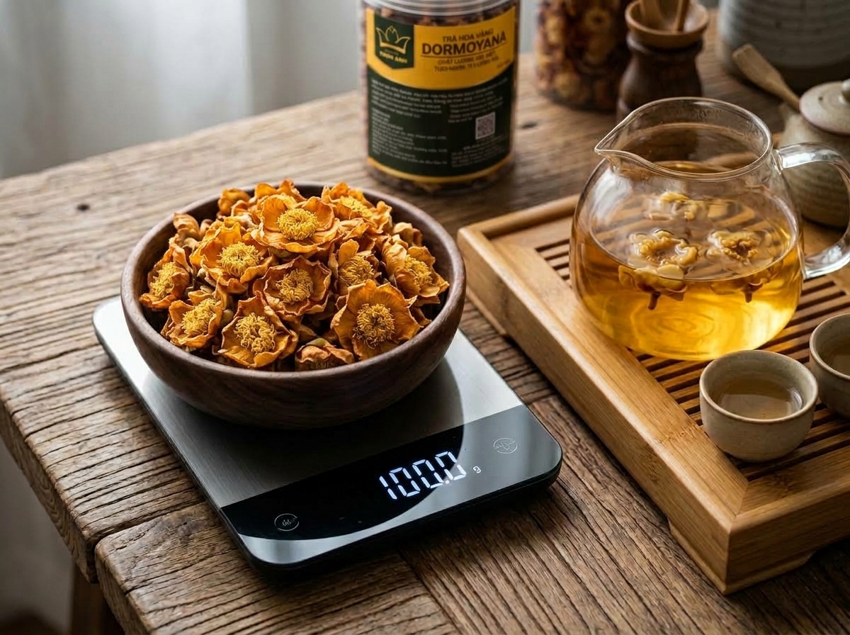 Tác dụng của trà hoa vàng Trịnh Anh làm quà Tết tri ân - Một lạng (100g) trà hoa vàng khô pha được bao nhiêu ấm và chi phí mỗi lần thưởng trà?